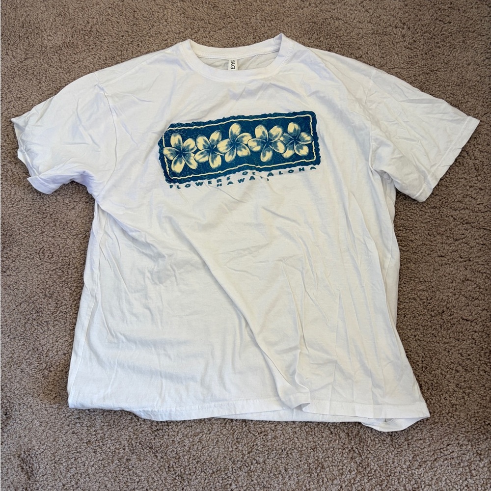 Hawaii White Graphic T-Shirt with Blue Floral Design